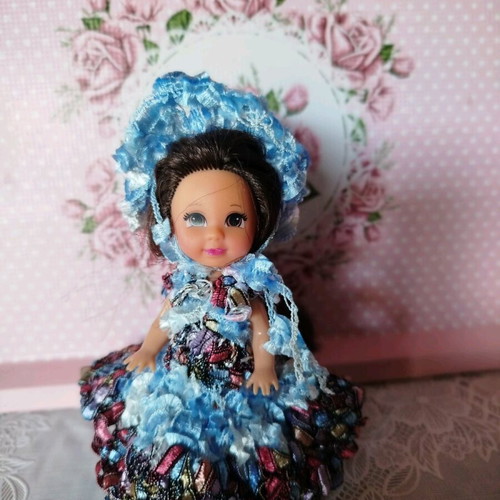 Miniature Doll New with Handmade Dress and Hat 10cm