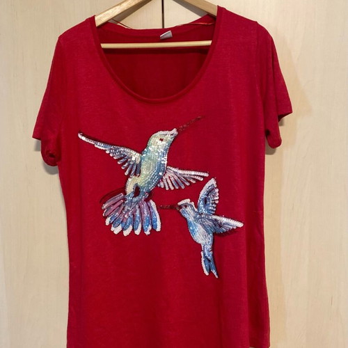 Red sequin embroidered short-sleeve blouse M&S new, size L