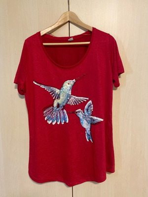 Red sequin embroidered short-sleeve blouse M&S new, size L