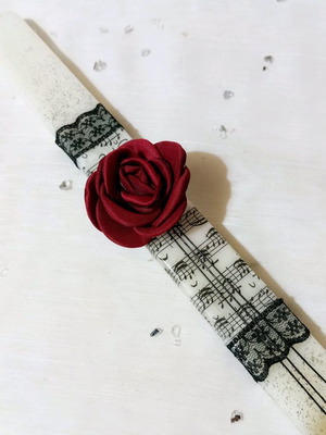 Candle with red rose handmade, decorated with pearls and glitter