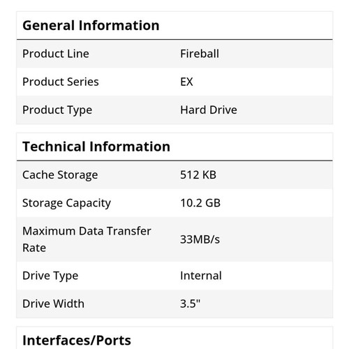 Quantum Fireball EX 10.2GB IDE used, 5.4K RPM, 512KB Cache, ATA/33