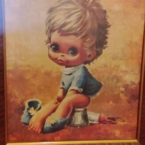 Big Eye Kids framed painting boy on potty used vintage