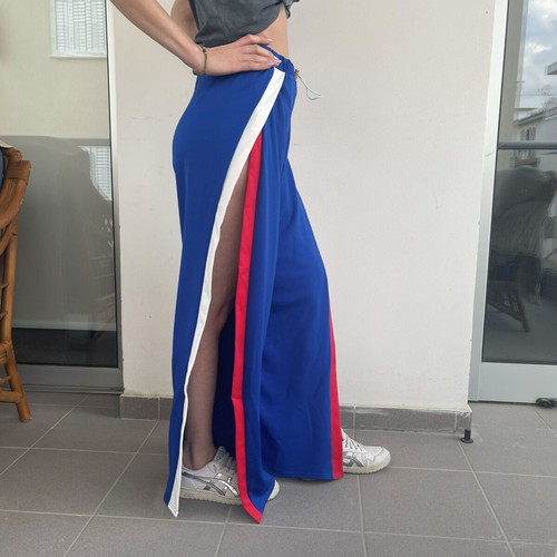 Blue Wide-Leg Pants with Side Slits and Stripes like new