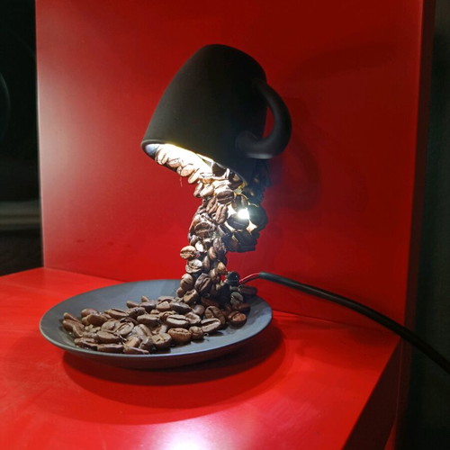 Handmade table lamp with porcelain, coffee beans, and 12 LED lights