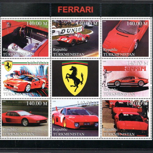 Φύλλο γραμματοσήμων Τουρκμενιστάν Ferrari 1999 καινούργιο, MNH