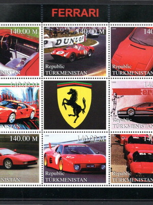 Φύλλο γραμματοσήμων Τουρκμενιστάν Ferrari 1999 καινούργιο, MNH
