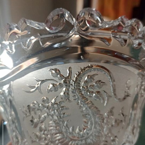 Vintage crystal fondantier with lid, like new, Frosted Dragon design