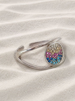 Open ring made of stainless steel with multicolored zirconia, new