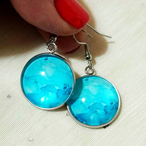 Earrings with cabochon Blue Waters, stainless steel, new