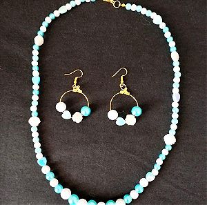 Handmade blue beaded necklace earrings set