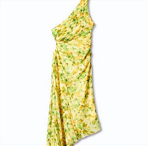 MANGO Κιτρινο λουλουδάτο Φόρεμα ασύμμετρο πλισέ XS,  S, XL