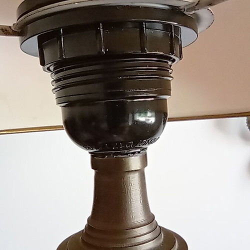 Vintage handmade table lamp with thick blue glass and brass, like new