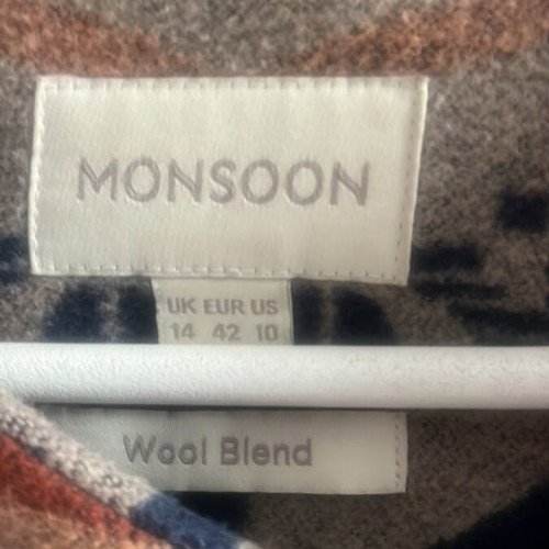 Monsoon coat size 42 like new, wool with color combination