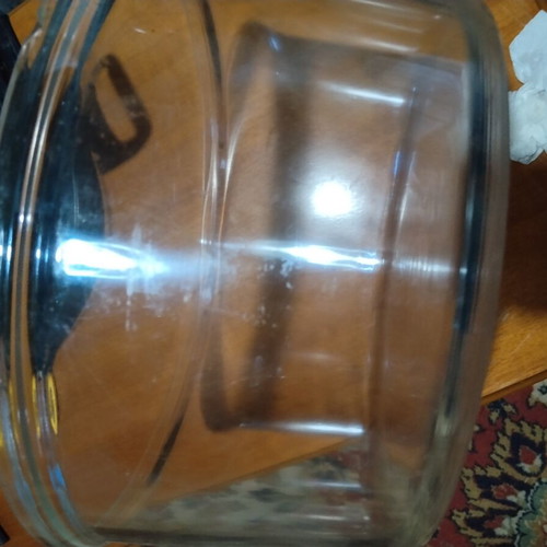 Pyrex with metal base used, diameter 33 cm, height 16.5 cm