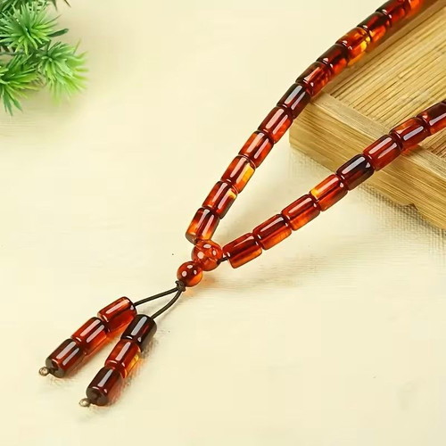 Mala necklace and bracelet unisex, natural amber and bloodstone, 80 cm