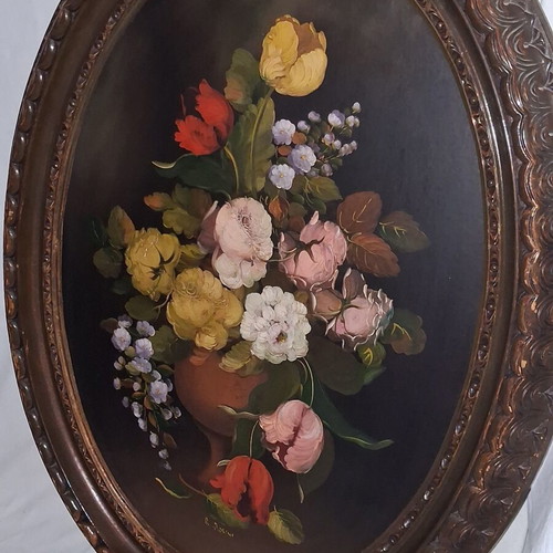 R. Rosini Large Collectible Italian Oil Painting on Wood with Flowers like new