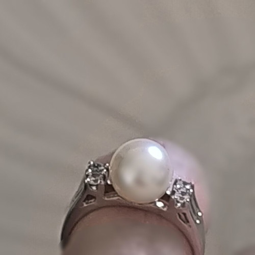 14K White Gold Ring with Real Pearl and Zircon New