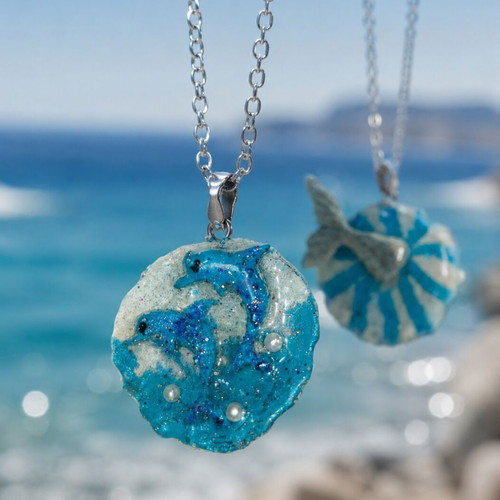 Handmade Two-Sided Necklace "Dolphins-Mermaid Tail" with Polymer Clay and Glass