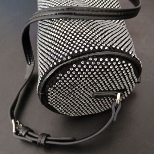 Women's black barrel-shaped handbag used with rhinestones