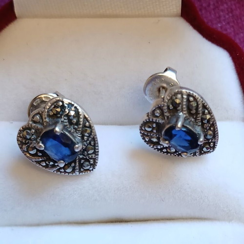 Silver 925 earrings with sapphire and marcasites, like new, vintage