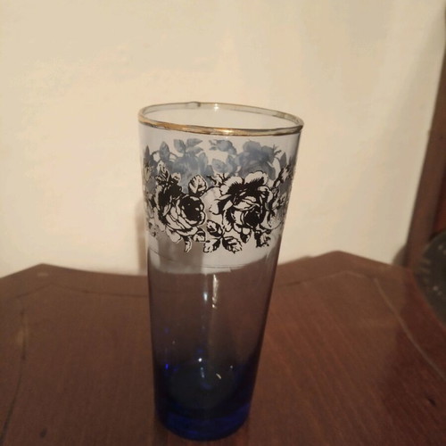 Vintage glasses used, blue with flowers and gold, set of 5