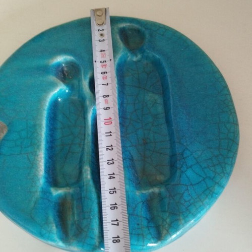 Ashtray with Family Design Raku Technique 19cm New