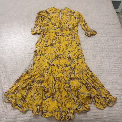 H&M X Johanna Ortiz Yellow Floral Parrot Ruffle Maxi Dress Size S Viscose