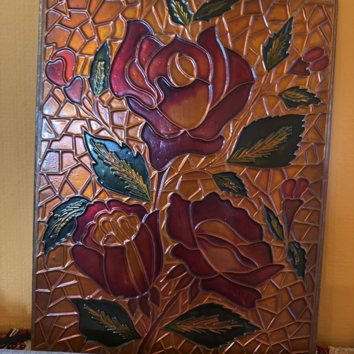 Vintage embossed painting with roses decorative stained glass mosaic