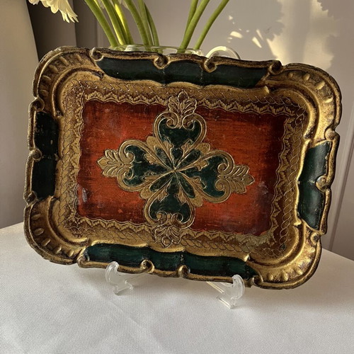 Vintage Italian Florentine wooden tray 25x18 cm used