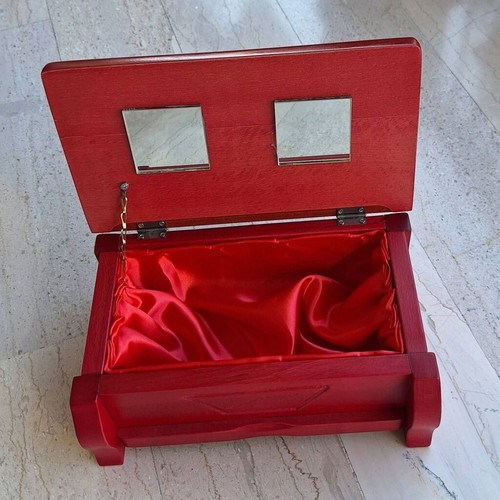 Handmade wooden jewelry box new, red satin interior