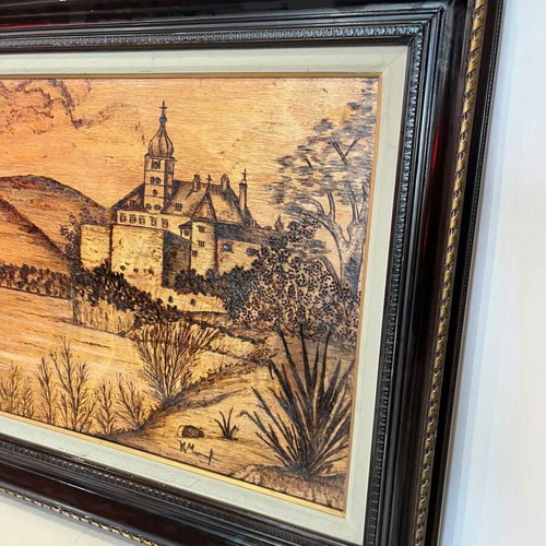 Vintage pyrography wall art with landscape and artist signature, 54x82