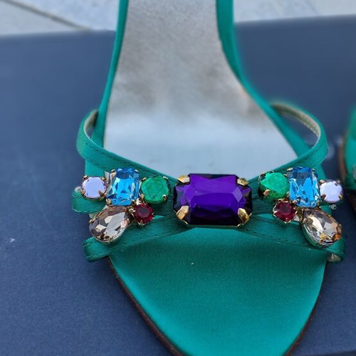 Marilena Emerald Green Satin and Leather Heeled Sandals like new, size 37