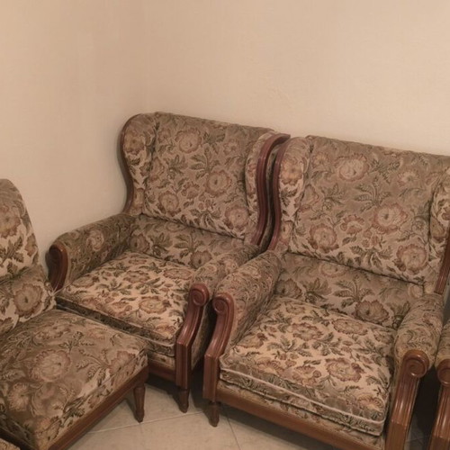 Velvet sofa set with 4 armchairs and 3 tables, carved beech wood