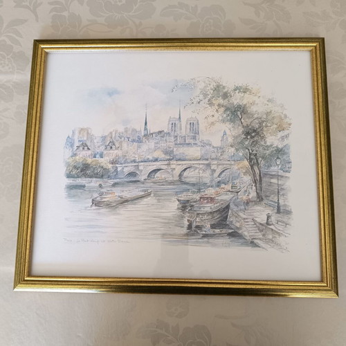 Aquarelle Paris Le Pont Neuf et Notre Dame framed painting like new