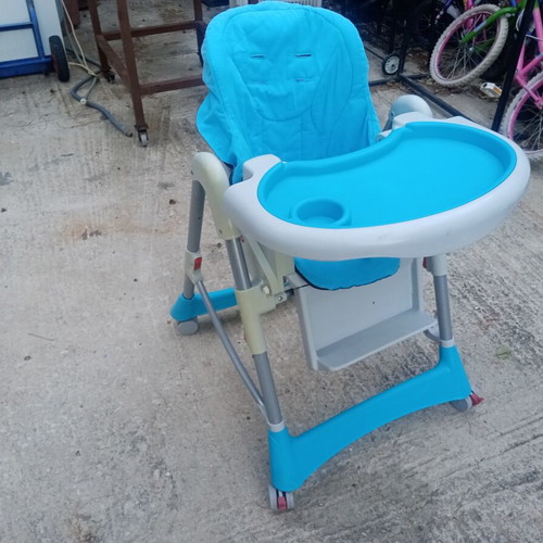Folding Baby Highchair used, blue with wheels and brakes