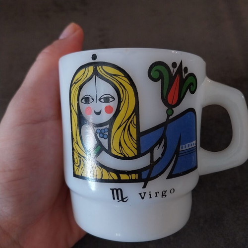 Sagittarius and Virgo mugs set used, porcelain and Anchor Hocking 1970s