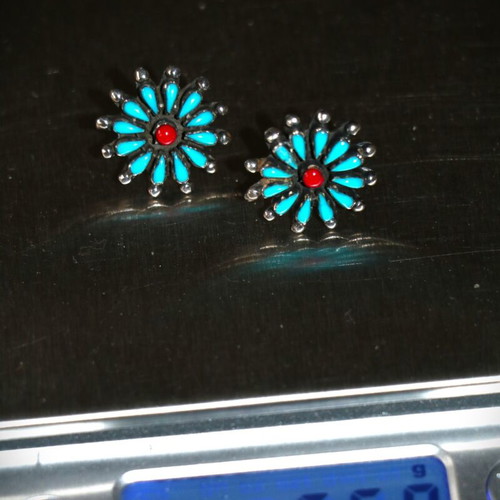 Earrings genuine turquoise and coral 925 sterling silver Navajo Indian new
