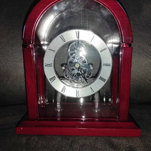 David Peterson Skeleton Mantel Clock like new, wooden with glass