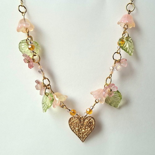 Women's gold-tone necklace with pink flowers, handmade
