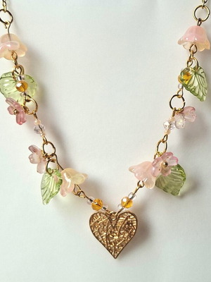 Women's gold-tone necklace with pink flowers, handmade