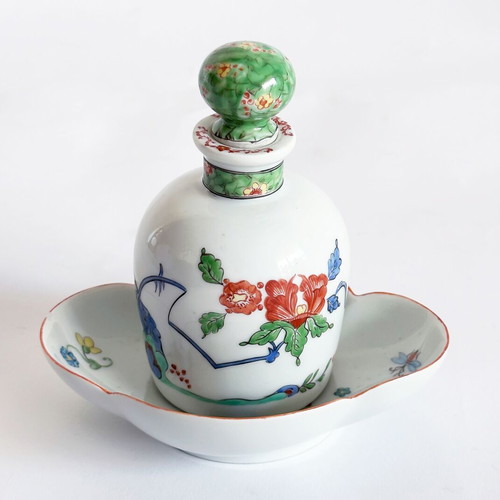 Antique Chantilly porcelain perfume bottle and dish used, Kakiemon style