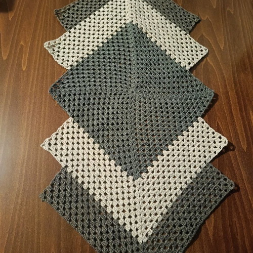 Handmade knitted table runner new with gray and beige shades