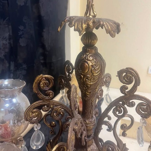 Large 5-Light Bronze Chandelier with Crystal Elements