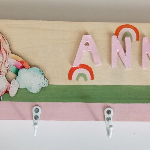 Children's wall hanger unicorn with rainbow in natural wood new