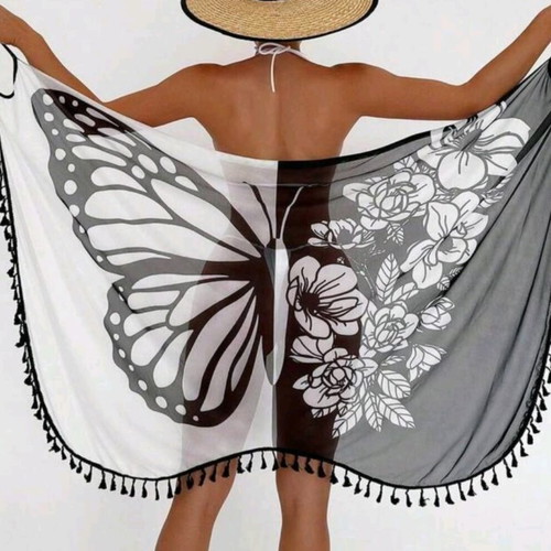 Shein women's beach pareo with black and white floral pattern and tassels, new