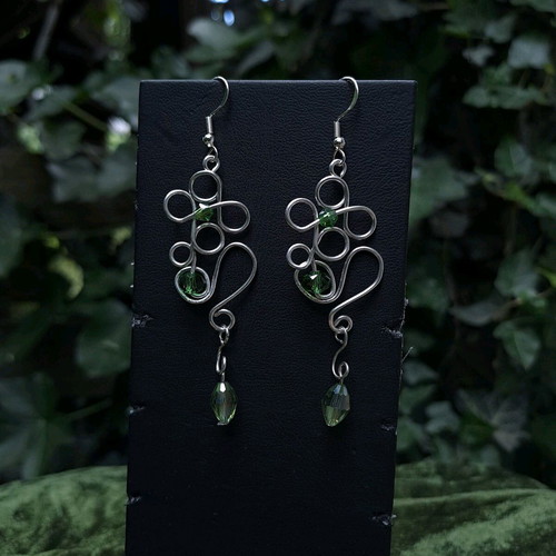 Wire-Worked Botanical Earrings new, silver and green