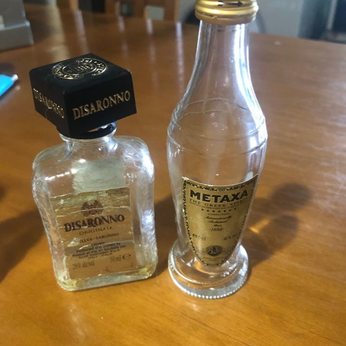 Glass miniature bottles used, pack of 7, vintage spirit collection