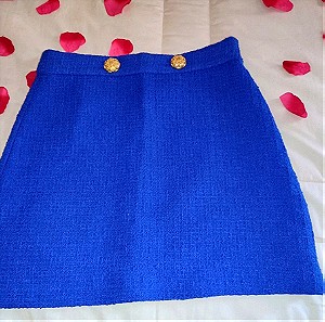 Zara Skirt Blue tweed Textured Skirt High Waist Gold Buttons Size Small