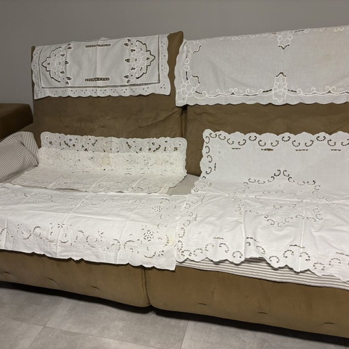 Traditional handmade crochet table linens, 75 pieces, vintage