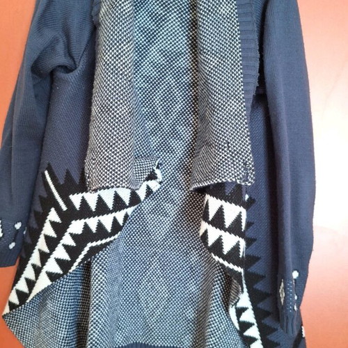 Cardigan like new with buttons and neck scarf, white and blue